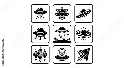 A collection of black and white UFO and space icons on a white background