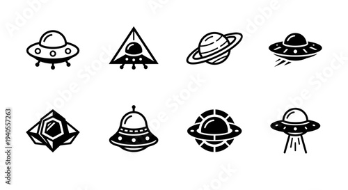 A collection of various UFO and alien spaceship designs and icons