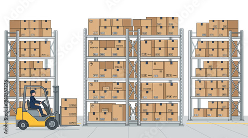 Forklift Operator Handling Boxes in Warehouse.