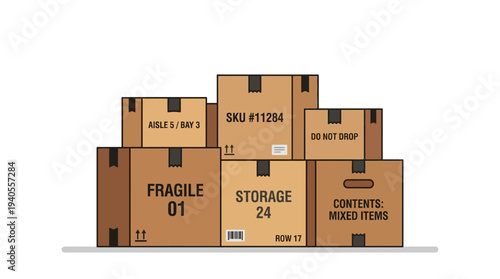 Stack of Cardboard Boxes with Labels.