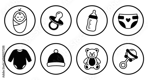 A set of baby icons including clothing and nursery essentials