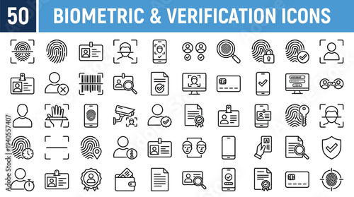 ID, Biometric and Verification vector line icon set. Contains linear outline icons like Fingerprint Check, Person Identification, Passport, Legal Document, Driving License. Editable use and stroke.