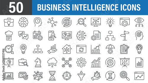 Business Intelligence vector line icon set. Contains linear outline icons like Data Visualization, Data Management and Analysis, Analytic Service, Risk Management, Strategy. Editable use and stroke.