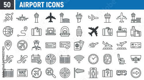 Airport vector line icon set. Contains linear outline icons like Plane, Ticket, Baggage, Seat, Wifi, Bag, Departure, Terminal, Passport, Transport, Luggage, Airplane. Editable use and stroke for web