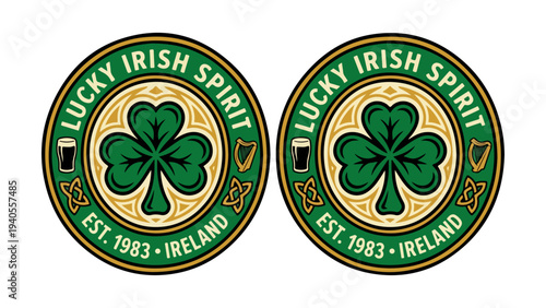 Two circular stickers displaying lucky irish spirit with shamrocks and beer mugs