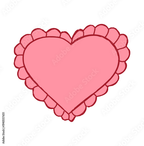 Vintage whimsical pink heart with lace. Coquette element for romantic Valentine card, wedding invitations, birthday decorations, gift wrapping designs. Doodle isolated vector illustration.