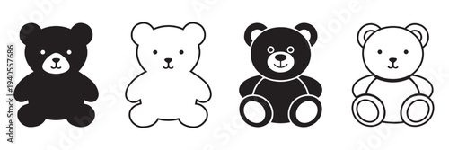 Teddy Bear Icon Set Vector – Cute Plush Toy Silhouette and Outline Collection for Kids, Web and App
 Design