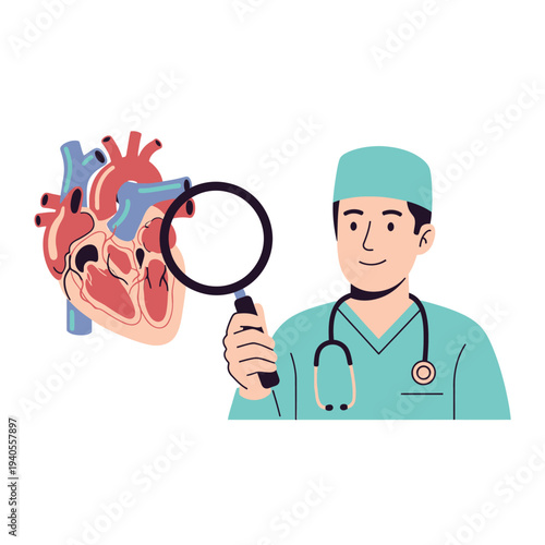 Doctor examining heart with magnifying glass, cardiology concept