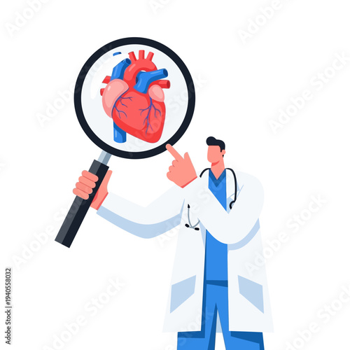 Doctor examining human heart with magnifying glass, cardiology concept