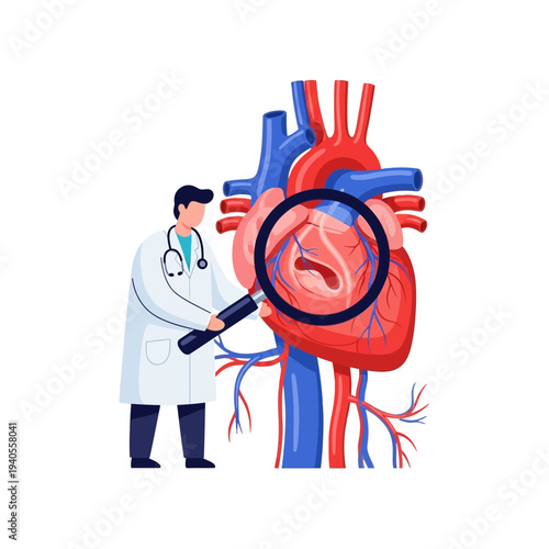 Doctor Examining Human Heart with Magnifying Glass, Cardiology Concept