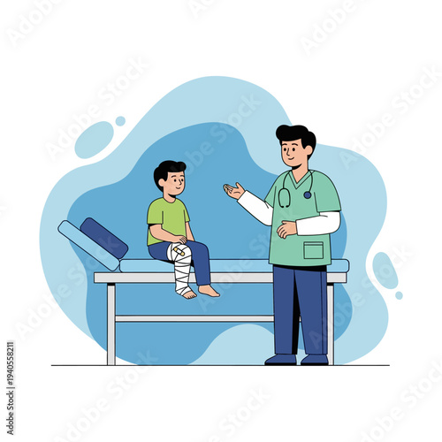 Doctor examining a boy with a bandaged leg on a medical examination table