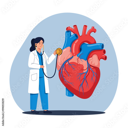 Doctor examining a human heart with a stethoscope, cardiology concept