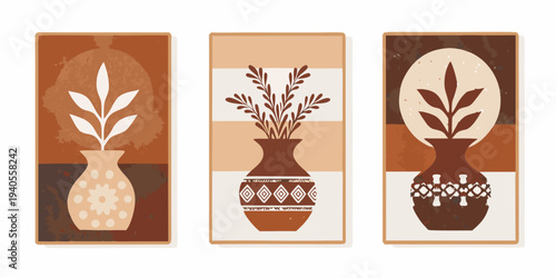 Three botanical wall art panels with vases and abstract plant designs