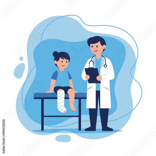 Doctor examining child with broken leg cast on examination table in clinic