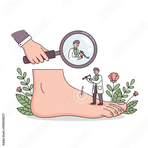 Doctor examining foot with magnifying glass, medical checkup concept