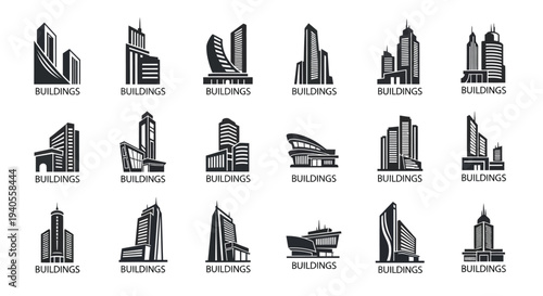 A grid display showcases eighteen different stylized black and white icons representing modern commercial buildings and skyscrapers.