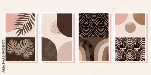 Four abstract botanical prints arranged in a minimalist neutral color palette