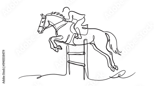 Equestrian show jumping horse and rider jumping over obstacle continuous line art illustration