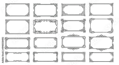 Sixteen ornate rectangular frames featuring intricate black decorative borders and empty white centers suitable for certificates or invitations.