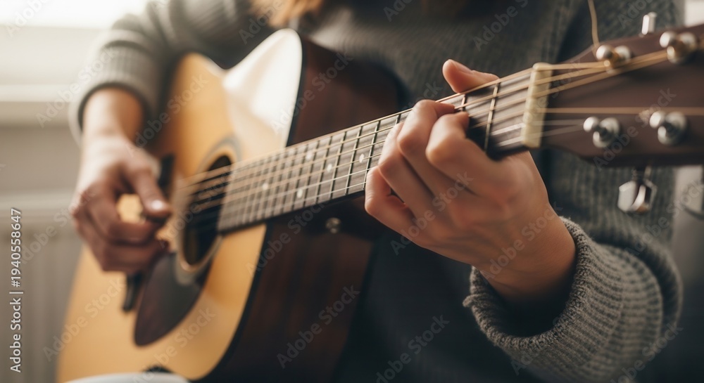 Obraz premium Close up of female hands playing acoustic guitar. Woman in sweater strumming chords on wooden musical instrument. Hobby, music lesson, creative lifestyle and acoustic performance concept.