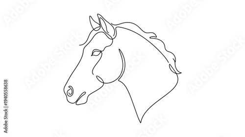 Elegant continuous line art drawing of a horse head, capturing the minimalist beauty and grace of equestrian spirit in a simple graphic illustration