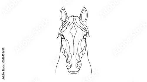 A minimalist single-line drawing of a majestic horse's face, emphasizing its elegant features and expressive eyes in a clean, modern illustration