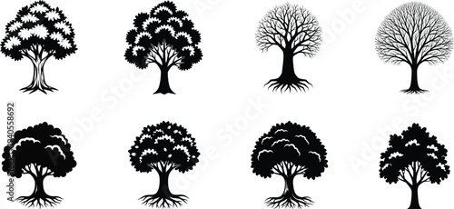 Collection of diverse tree silhouettes in various seasons and styles