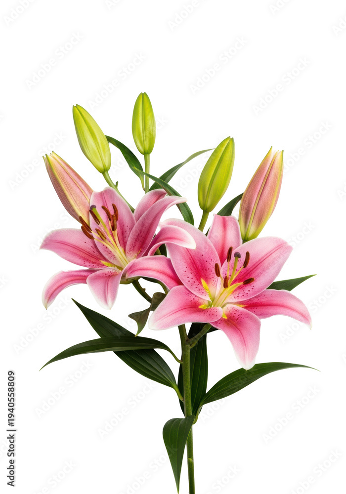 Fototapeta premium two exquisitely detailed pink lily flowers and green buds with slender leaves, isolated against a transparent studio background with ample copy space. concept of commercial botanical purity
