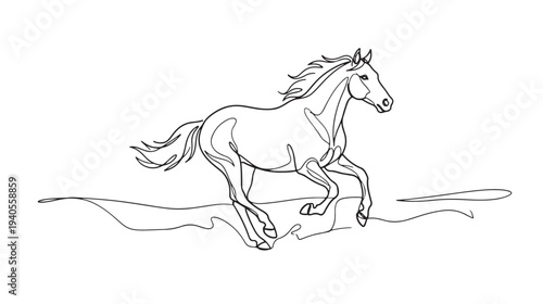Elegant continuous line art illustration of a majestic horse galloping with dynamic energy, showcasing speed and freedom in a minimalist and expressive artistic style