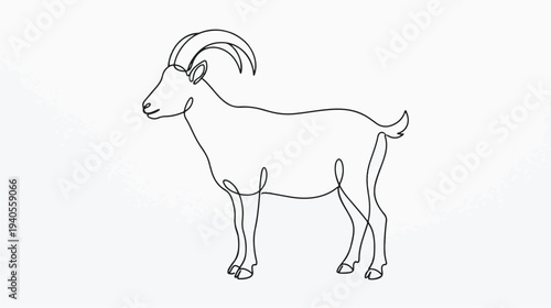 A minimalistic single line drawing of a mountain goat, showcasing its majestic horns and defined physique