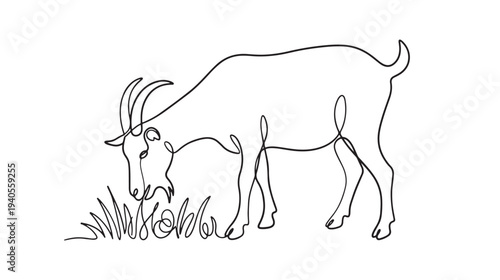 Elegant Continuous Line Drawing of a Grazing Goat, Embodying Minimalist Animal Art and Simple Nature
