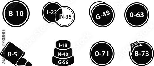 Vector collection of black and white bingo ball silhouettes and dabber markers featuring various number combinations and game pieces isolated on a white backgroundt
