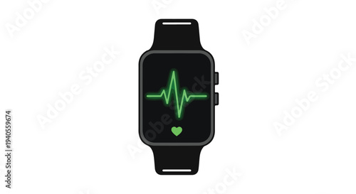 Black smartwatch illustration with green heart rate monitor and pulse line on screen