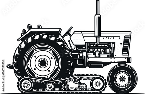 Black and white illustration of a tractor with tracks isolated on transparent background