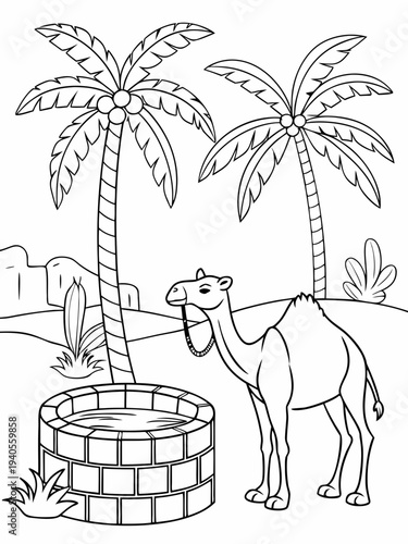 Camel drinking from oasis well under palm trees