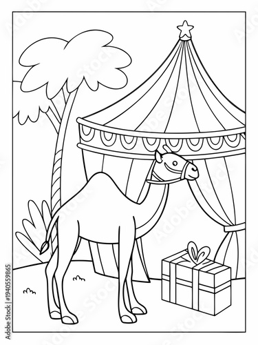 Smiling camel standing beside a gift box under a circus tent