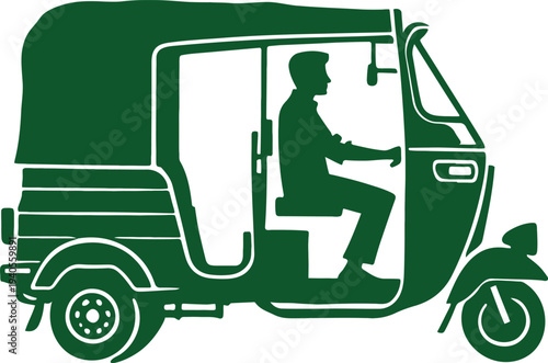 Green silhouette of a man riding a tuk tuk isolated on transparent background