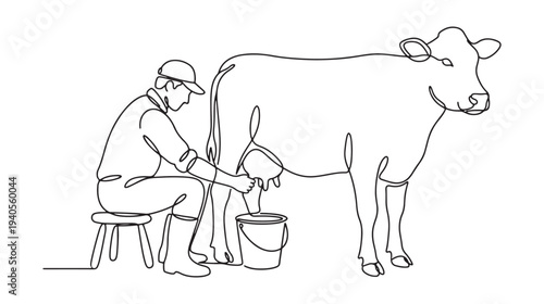 Farm Milking Concept A Farmer Milking a Cow with a Bucket, Illustrating Traditional Agriculture and Dairy Production