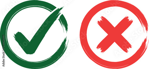Green checkmark and red x on isolated on transparent background