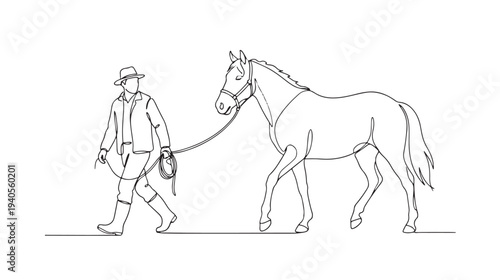A person in a hat walking a horse by a lead rope, depicted in a continuous line drawing style
