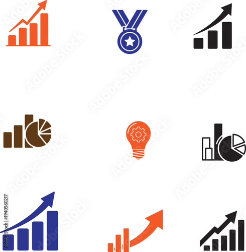 Business infographic icons set with growth charts, medals and idea lightbulb.