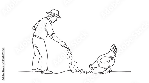 Simple black and white line art drawing of a man in a wide-brimmed hat feeding a domestic chicken, illustrating farm activities and animal husbandry in a minimalist style