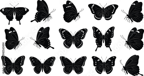 Butterfly Silhouette Illustration Vector Featuring Fifteen Wing Patterns, Nature Symbol, Entomology Icon, and Marketplace Success for Creative Projects