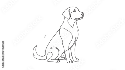 Graceful single continuous line art of a beloved pet dog sitting patiently, a minimalist vector illustration perfect for modern design aesthetics and animal themed projects