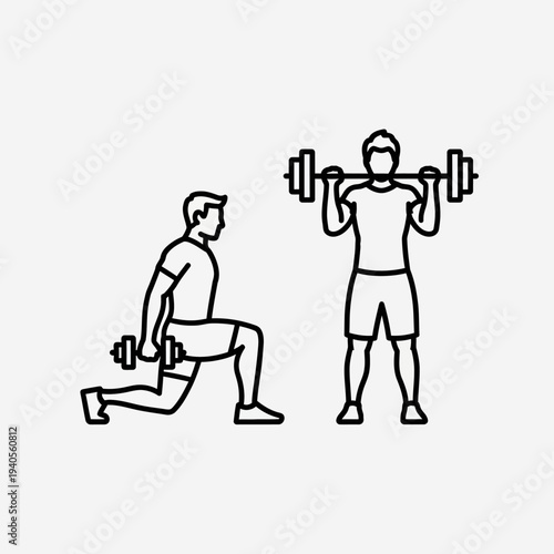 Fitness icons: Man doing lunges with dumbbell and man lifting barbell, workout illustration