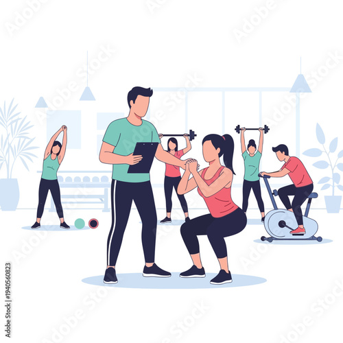 Fitness trainer guiding woman doing squats in gym with people exercising