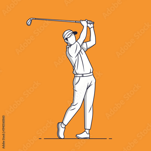 Golfer Swinging Club in Motion, Sports Athlete on Orange Background, Dynamic Action Shot