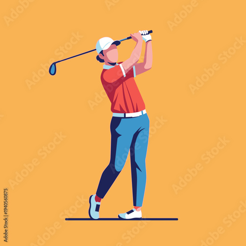 Golfer swinging club on orange background, dynamic action shot