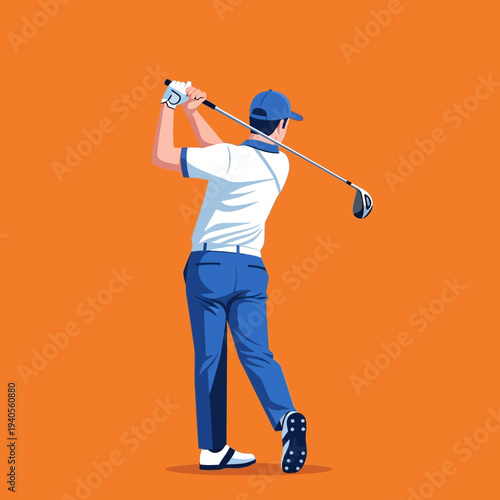 Golfer swinging club on orange background, dynamic action shot