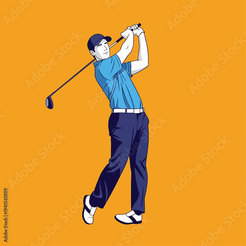 Golfer Swinging Club on Orange Background - Sports Action Illustration